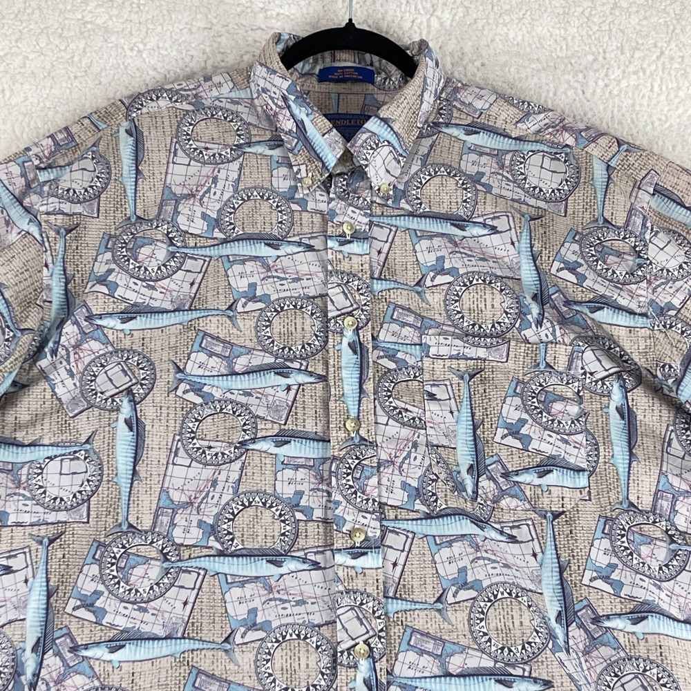Pendleton Button-Down Shirt Mens‎ XXL Beige Nautical Short Sleeve Casual Fish - Picture 2 of 11